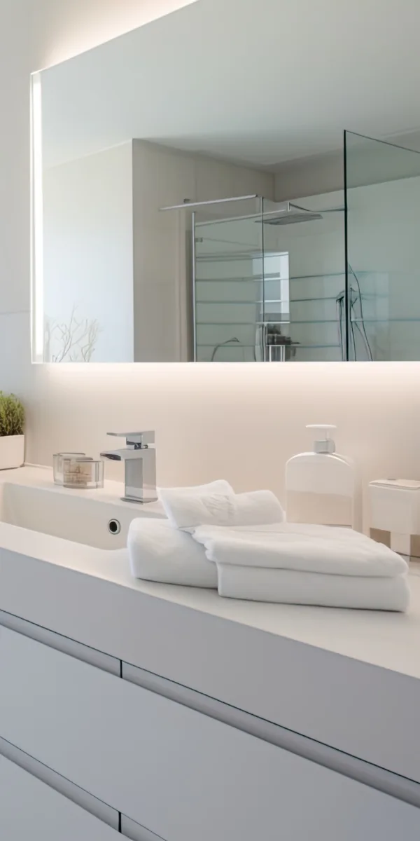 Grand miroir lumineux dans une salle de bain contemporaine